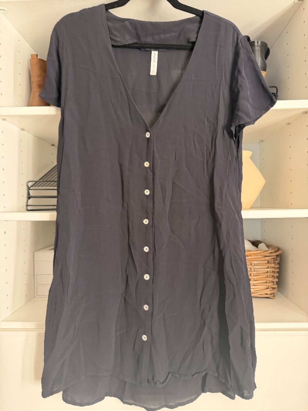 RVCA Black Short Sleeve Button Detail A Line Midi Dress Size L/12